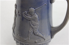 c.1895-1910 German Ges Gesch Gray & Blue Ceramic Beer Stein w/Late 19th Century Golfers In Relief