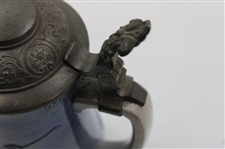 c.1895-1910 German Ges Gesch Gray & Blue Ceramic Beer Stein w/Late 19th Century Golfers In Relief