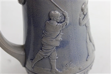 c.1895-1910 German Ges Gesch Gray & Blue Ceramic Beer Stein w/Late 19th Century Golfers In Relief