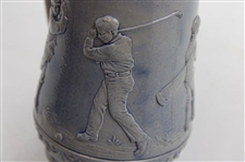 c.1895-1910 German Ges Gesch Gray & Blue Ceramic Beer Stein w/Late 19th Century Golfers In Relief