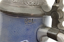 c.1895-1910 German Ges Gesch Gray & Blue Ceramic Beer Stein w/Late 19th Century Golfers In Relief