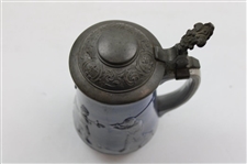 c.1895-1910 German Ges Gesch Gray & Blue Ceramic Beer Stein w/Late 19th Century Golfers In Relief