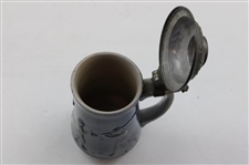 c.1895-1910 German Ges Gesch Gray & Blue Ceramic Beer Stein w/Late 19th Century Golfers In Relief