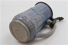 c.1895-1910 German Ges Gesch Gray & Blue Ceramic Beer Stein w/Late 19th Century Golfers In Relief