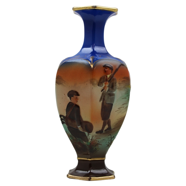 Hexagonal Ceramic Footed Vase w/Hand Painted Post-Swing Golfer & Caddie Observing