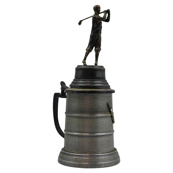 Post Swing Golfer Lid on Large Stein Plinth w/Enameled Club/Bag