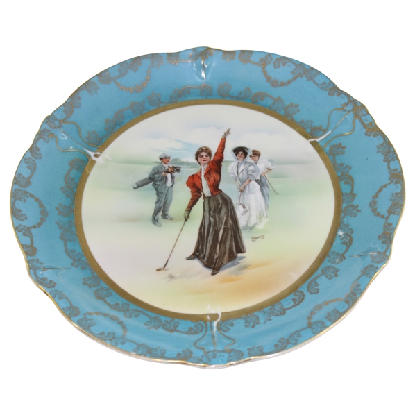 Hanging Porcelain Red Coat Lay Golfer Plate Made by Schwarzburg with Gilded Decoration