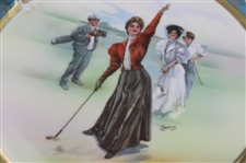 Hanging Porcelain Red Coat Lay Golfer Plate Made by Schwarzburg with Gilded Decoration