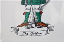 Hand Painted 'The Golfer' Scottish Golfer w/Golf Bag, Clubs & Balls Square Ceramic Plate - Made in Italy