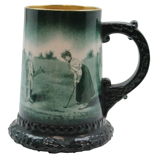 Lenox Gold Rimmed Lady Golfer with Caddy & House Golf Scene Green Stein
