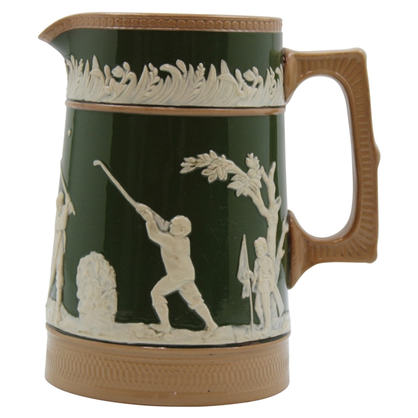 Ceramic Copeland Green & Brown Pitcher w/Victorian Era Golfers & Caddies In Relief