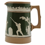 Ceramic Copeland Green & Brown Pitcher w/Victorian Era Golfers & Caddies In Relief