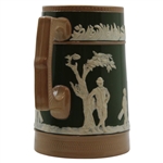 Ceramic Copeland Green & Brown Pitcher w/Victorian Era Golfers & Caddies In Relief