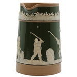 Ceramic Copeland Green & Brown Pitcher w/Victorian Era Golfers & Caddies In Relief