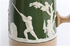 Ceramic Copeland Green & Brown Pitcher w/Victorian Era Golfers & Caddies In Relief