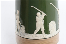 Ceramic Copeland Green & Brown Pitcher w/Victorian Era Golfers & Caddies In Relief
