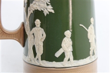 Ceramic Copeland Green & Brown Pitcher w/Victorian Era Golfers & Caddies In Relief