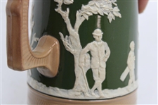 Ceramic Copeland Green & Brown Pitcher w/Victorian Era Golfers & Caddies In Relief