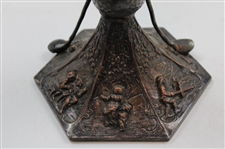 Ornate Golfing Cherubs with Crossed Clubs and Dimple Golf Ball at Base Thin Vase
