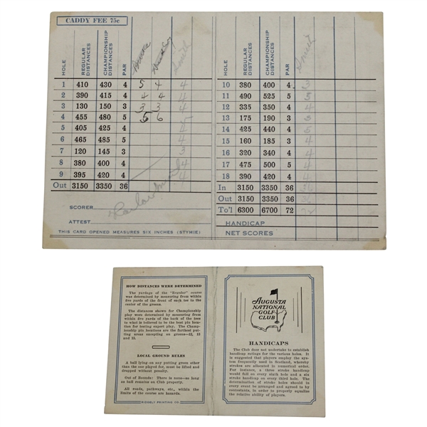 Rare Horton Smith Signed 1934 Augusta National Golf Club Scorecard - Only One Known