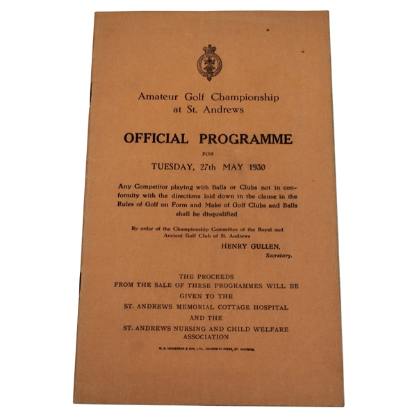 1930 The Amateur Golf Championship at St. Andrews Program - Bobby Jones Grand Slam