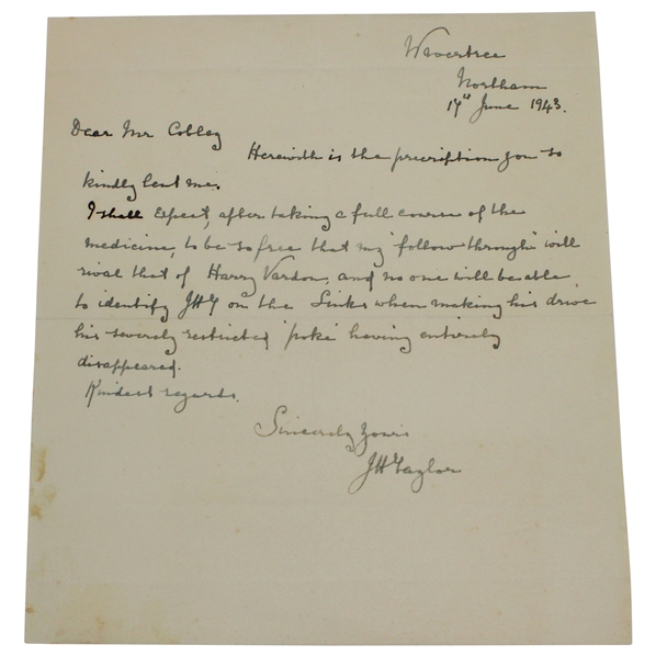 JH Taylor Signed 1943 Handwritten Letter w/ Harry Vardon Content - June 14th JSA ALOA