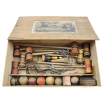 c.Late 1800's Miniature Parlor Table Croquet Set in Pine Box - Hutchin & Noyes & Co.