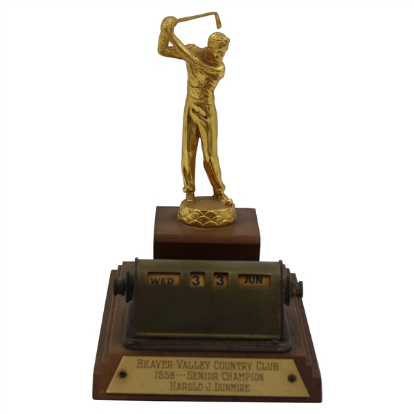 1958 Beaver Valley CC Senior Champion Desk Calendar with Golfer Trophy - Harold J. Dunmire