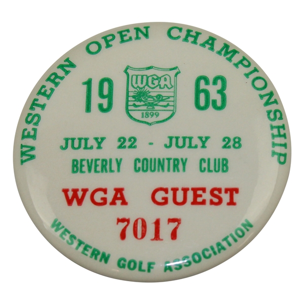 1963 Western Open at Beverly CC WGA Guest Badge #7017 - Arnold Palmer Winner