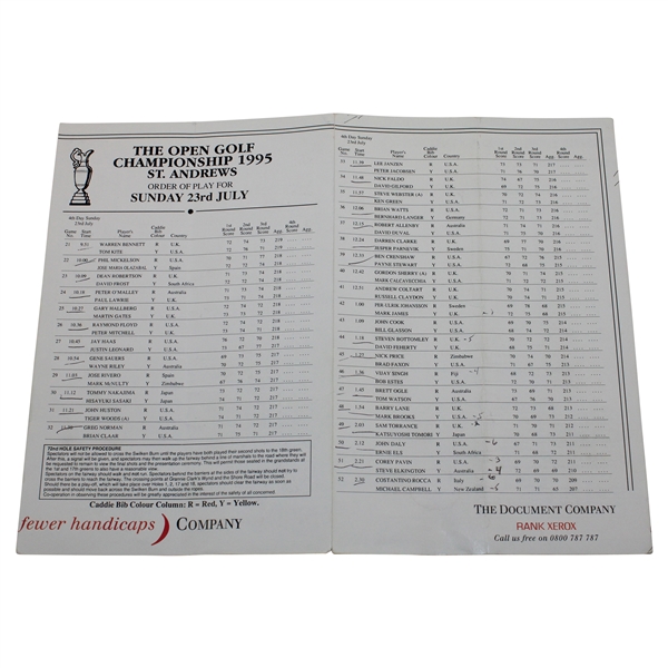 1995 Open Championship at St. Andrews Sunday Pairing Sheet