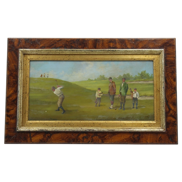 Original Golfers And Their Caddies Edwardian Golf Oil On Copper Painting - Framed