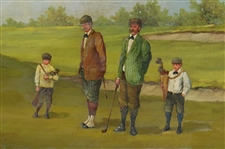 Original 'Golfers And Their Caddies' Edwardian Golf Oil On Copper Painting - Framed