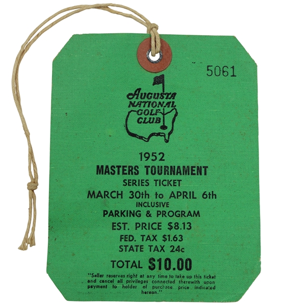 1952 Masters Tournament SERIES Badge #5061 w/Original String - Sam Snead Winner