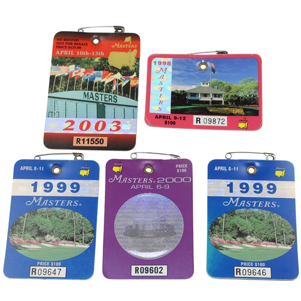 1998, 1999(x2), 2000 & 2003 Masters SERIES Badges - OMeara, Olazabal, Singh & Weir Winners