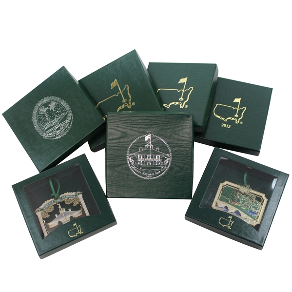 2009-2015 Augusta National Golf Club Gold Plated Christmas/Holiday Ornaments - Seven Total