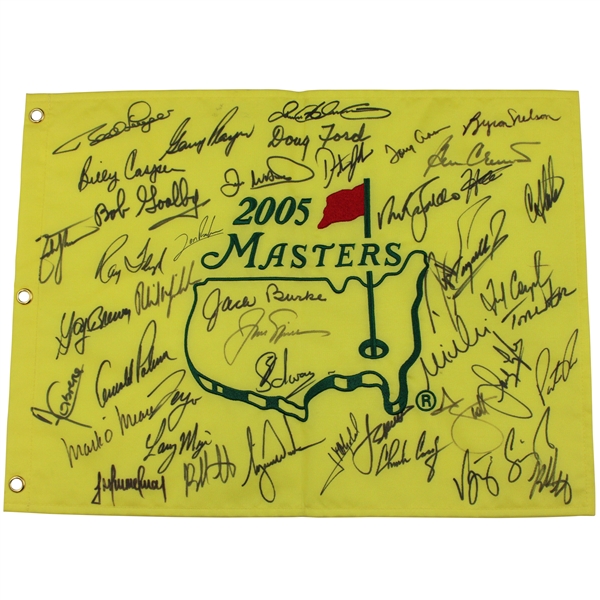 Tiger, Rory, Palmer, Nicklaus & 38 Past Champions Signed 2005 Masters Embroidered Flag JSA ALOA
