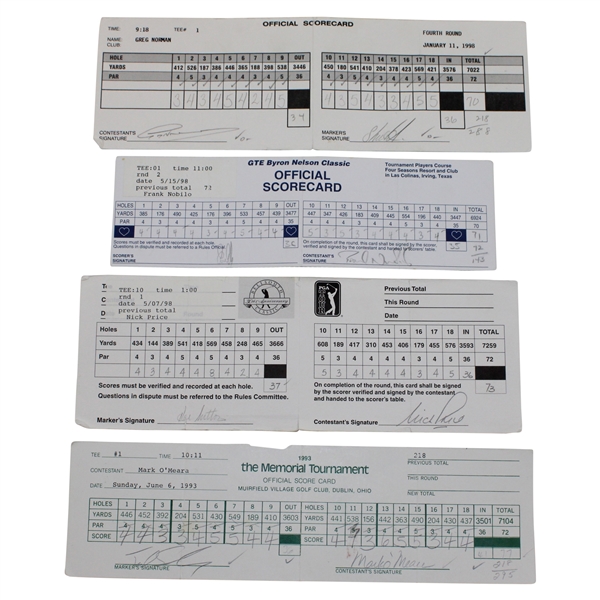 Norman, Price, OMeara & Five (5) Others Signed 93 Memorial, 98 Byron Nelson, 98 Bellsouth & 98 Mercedes Classic Scorecards