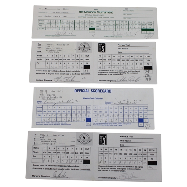 Baker Finch, Daly, Lyle & Five (5) Others Signed 98 Bellsouth Classic, 93 Memorial, 98 Mastercard Colonial Scorecards