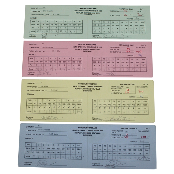 Kite, Azinger, Woosnam & Five (5) Others Signed 1993 Open Championship At Royal St. GeorgeS Scorecards
