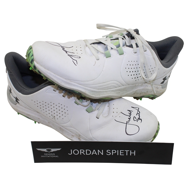 Jordan Spieth Dual Signed Match Used White Golf Cleats w/Locker Sign - 2025 Genesis Invitational JSA ALOA