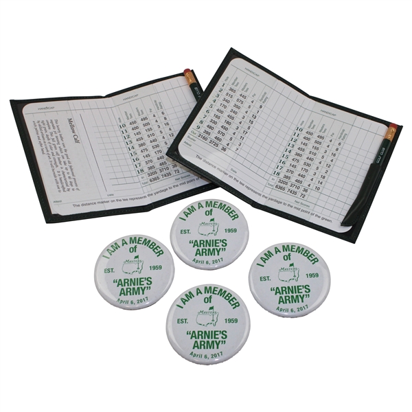 Four (4) 2017 “I am member of “Arnie’s Army” Pins w/Two(2) Leather Masters Scorecard Holders w/Card & Pencil