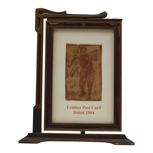 Original 1904 Leather Post Card in Rotating Frame Display - Signed Blanchester Golf