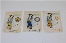 Three (3) c.1920's Murad Collegiate Golf Cigarette Silks/Cards - Texas, Illinois & Princeton
