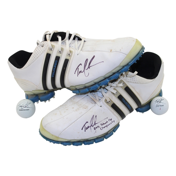 Tom Lehman Signed Worn Adidas Shoes w/Two(2) Signed Golf Balls (2012 Schwab Cup) JSA ALOA