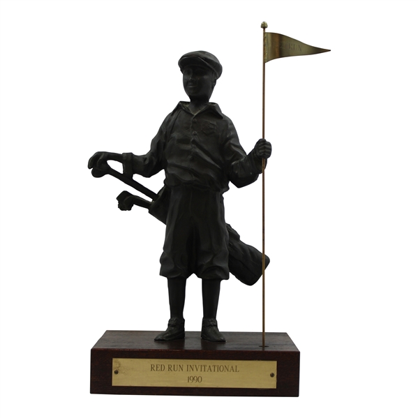 Caddy Boy Holding Clubs w/ Flagstick Bronze Statue Trophy From 1990 Red Run Invitational 