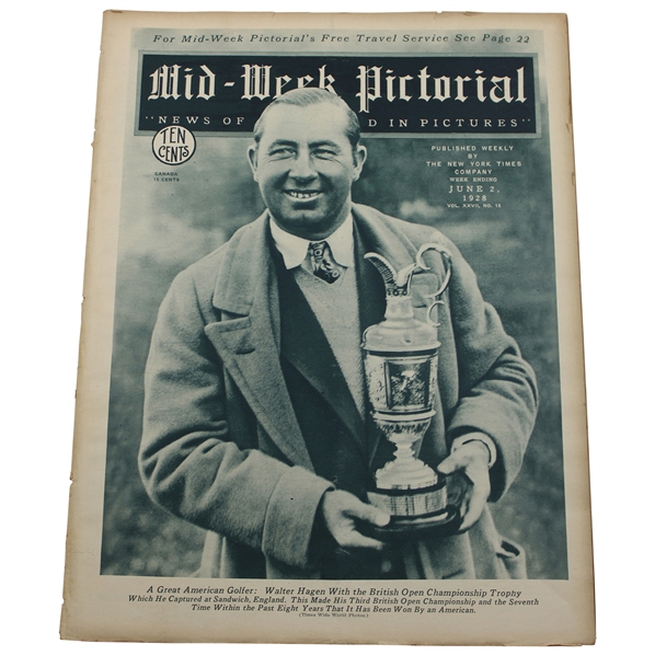 1928 Mid Week Pictorial Magazine w/Open Champion Walter Hagen Holding Claret Jug Cover