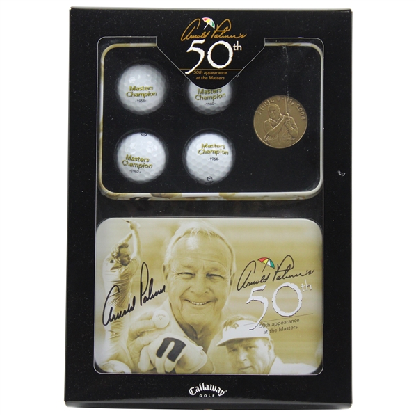 Arnold Palmer Signed 50th Appearance at The Masters Box Set w/Golf Balls & Medal JSA ALOA