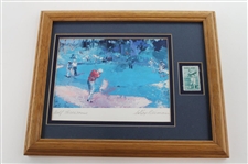 Sat Evening Post Golfer Image & Bobby Jones Stamp-Framed & Golf Threesome Print By Leeroy Neiman W/ Bobby Jones Stamp- Framed