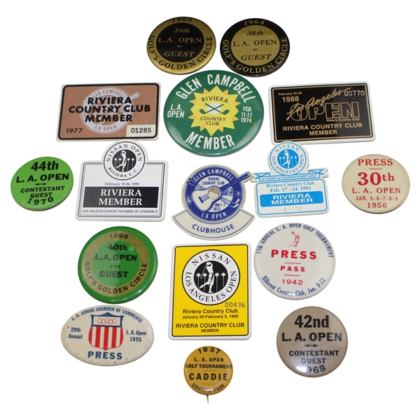 Sixteen (16) Various 1937-1995 Los Angeles Open Member/Guest/Press/Contestant Badges