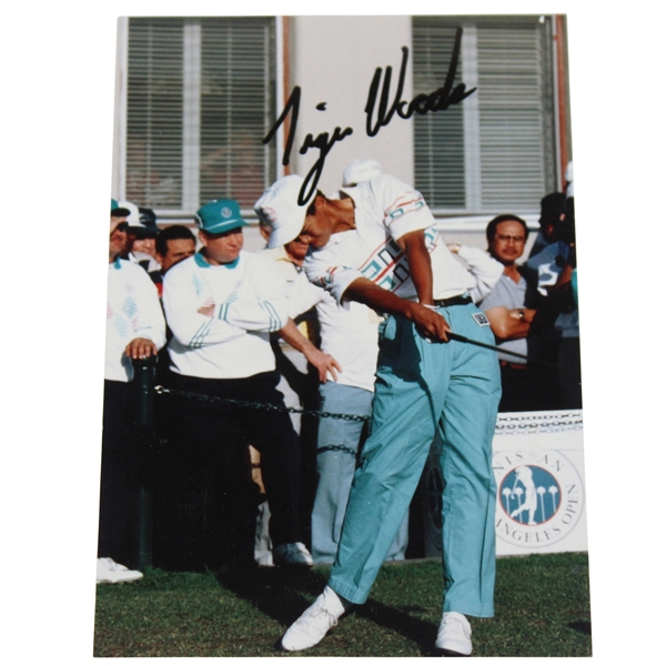 Tiger Woods Signed Debut 1992 Nissan Open First Swing Original Photo w/Time Period JSA 10 Signature